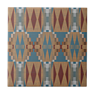 Tan Brown Teal Blue Dark Red Ethnic Tribe Art Ceramic Tile