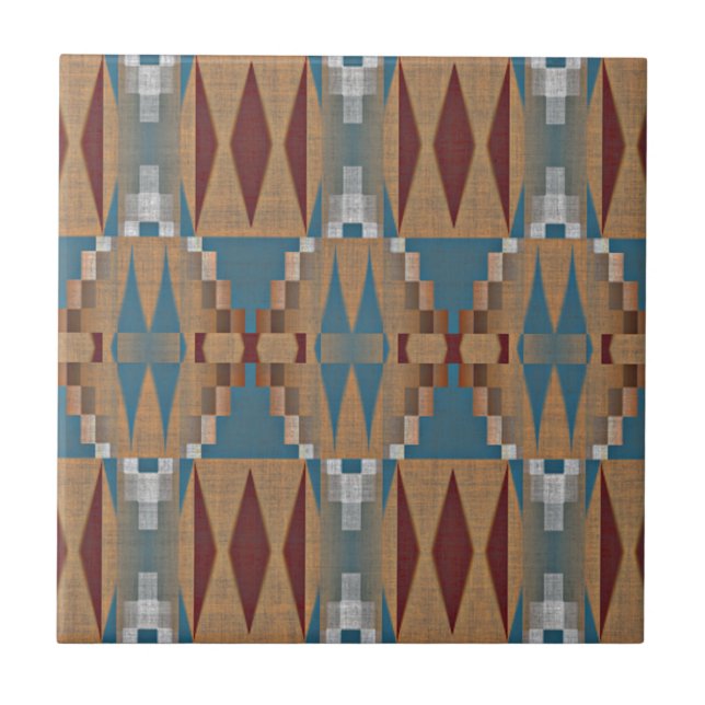Tan Brown Teal Blue Dark Red Ethnic Tribe Art Ceramic Tile (Front)