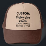 Tan & Brown Trucker Hat Custom Gifts for Him<br><div class="desc">Custom Gifts for Him personalised Tan & Brown Trucker Hat. Upload logo, photo, image, design and add your own text to make your own personalised birthday, Christmas, Father's Day, Valentine's Day celebration, office gifts for him (man, men, husband, boyfriend, father, dad, young man, son). GET BIG SAVINGS WITH MULTIPLE PURCHASE...</div>