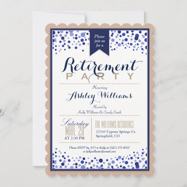 Tan Brown, White, Navy Blue Retirement Party Invitation (Front)