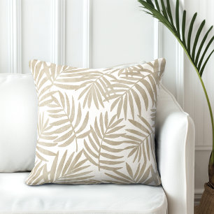 Tan Brown & White Palm Leaves Throw Pillow