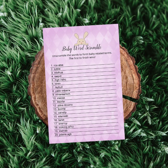 Tan Bunny Purple Argyle Baby Word Scramble Game Invitation (Creator Uploaded)