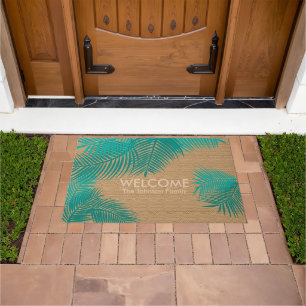Tan Burlap with Teal Palm Leaves Doormat