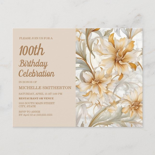 Tan Champagne Floral Women's 100th Birthday Invitation Postcard (Front)