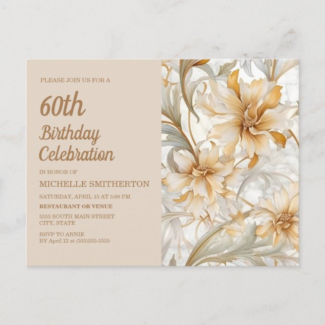 Tan Champagne Floral Women's 60th Birthday Invitation Postcard (Front)