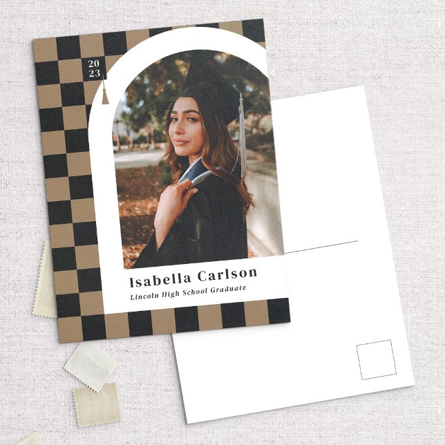 Tan Chequered Arch Photo Graduation Announcement Postcard (Creator Uploaded)