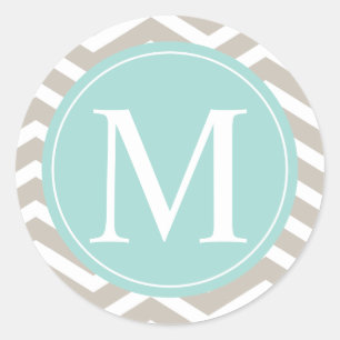Tan Chevron Turquoise Monogram Classic Round Sticker
