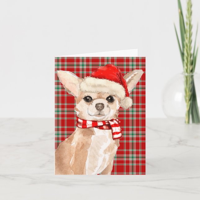 Tan Chihuahua and Red Plaid Christmas Holiday Card (Front)