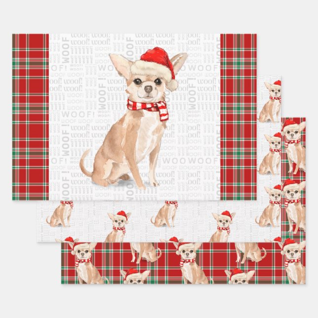 Tan Chihuahua Christmas Dog and Plaid Wrapping Paper Sheet (Set)