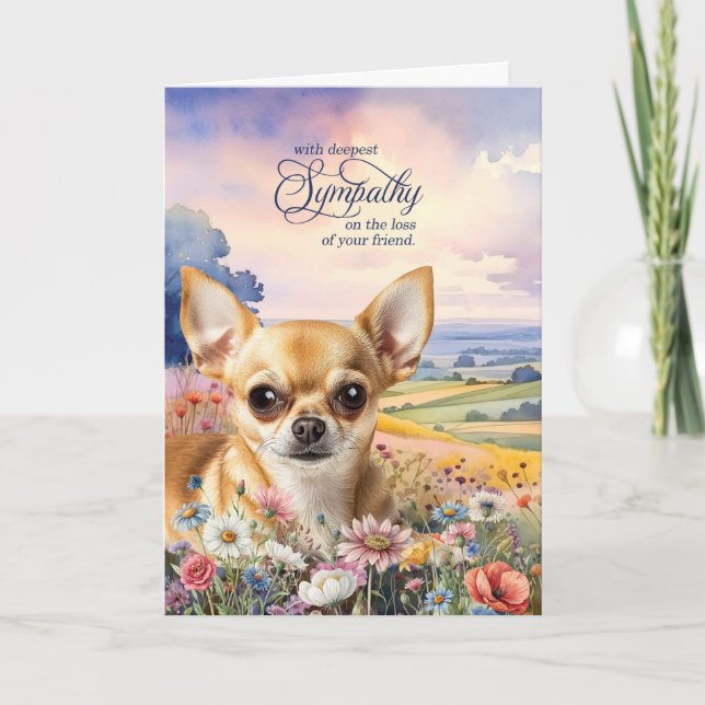 Tan Chihuahua Field of Wildflowers Pet Sympathy Card (Front)