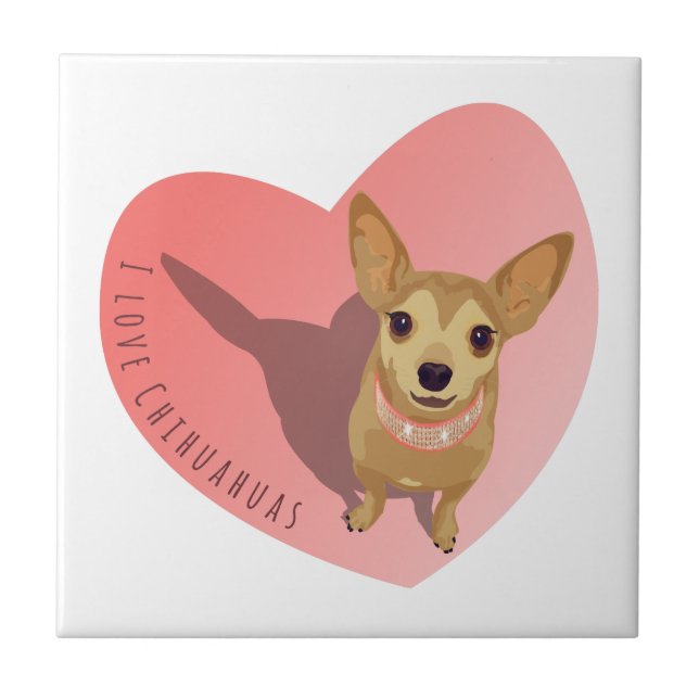Tan Chihuahua in diamond pink collar in heart Ceramic Tile (Front)