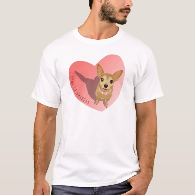 Tan Chihuahua in diamond pink collar in heart T-Shirt (Front)