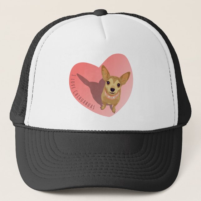 Tan Chihuahua in diamond pink collar in heart Trucker Hat (Front)