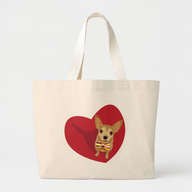 Tan Chihuahua with a bow tie in a red heart Large Tote Bag (Front)