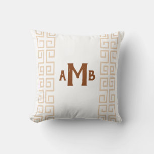 Tan Chinoiserie Wide Greek Key Stripe Monogram Cushion