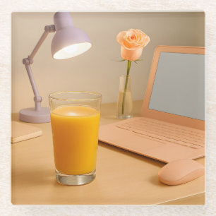 Tan Computer Peach Rose Glass Coaster 