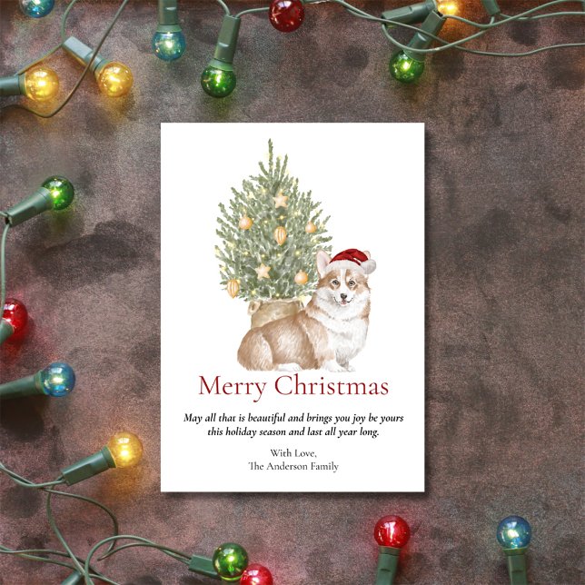 Tan Corgi and Christmas Tree Pet Dog Holiday Card (Creator Uploaded)