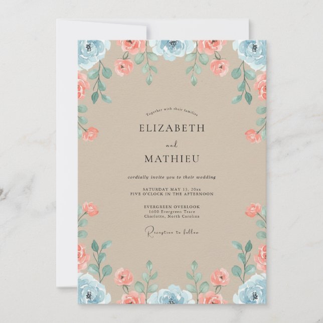 Tan Cornflower Ranunculus Eucalyptus Wedding Invitation (Front)