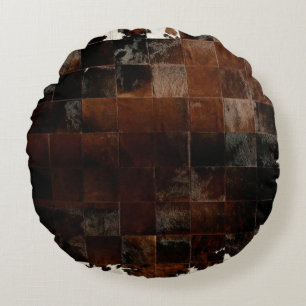 Tan Cowhide Patchwork Print Round Cushion