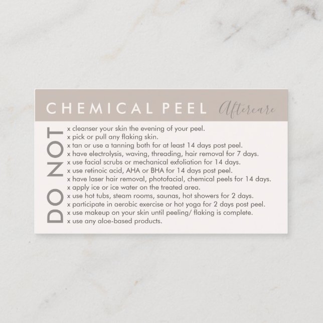 Tan Cream Chemical Peel Avoids Advices Aftercare Business Card (Back)
