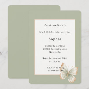 Tan Cream Green Butterfly Birthday Invitation