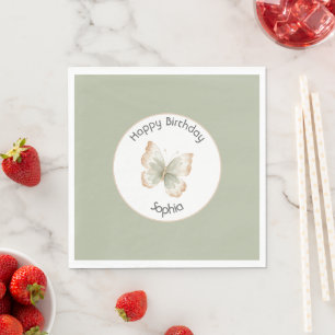 Tan Cream Green Butterfly Birthday Napkin