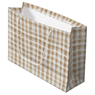 Tan Cream Plaid Stripes Birthday Large Gift Bag