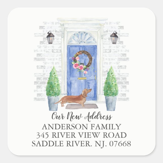 Tan Dachshund Blue Door New Address Label (Front)