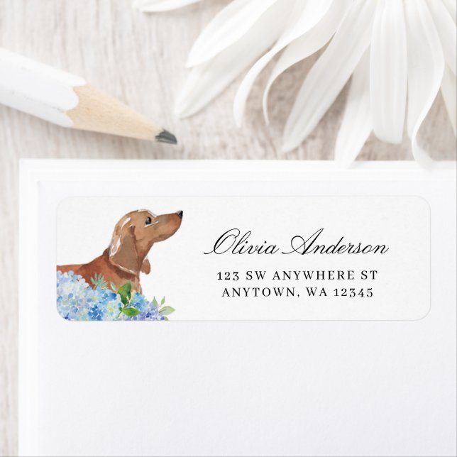 Tan Dachshund Blue Hydrangea Return Address Label (Insitu)
