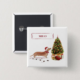 Tan Dachshund Funny Christmas Dog with Tree 15 Cm Square Badge