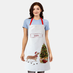 Tan Dachshund Funny Christmas Dog with Tree Apron
