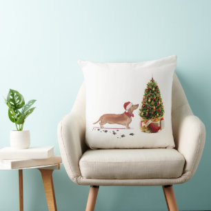 Tan Dachshund Funny Christmas Dog with Tree Cushion