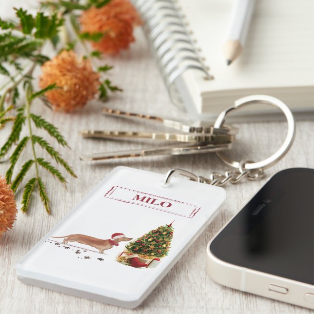 Tan Dachshund Funny Christmas Dog with Tree Key Ring (Front Right)