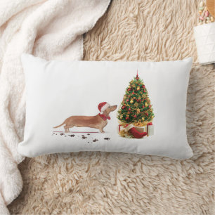 Tan Dachshund Funny Christmas Dog with Tree Lumbar Cushion