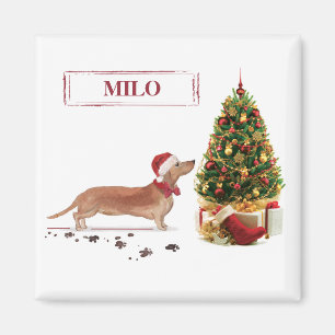 Tan Dachshund Funny Christmas Dog with Tree Magnet
