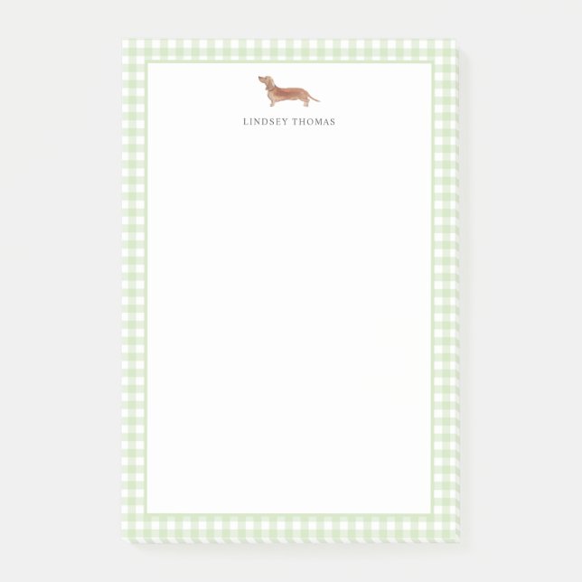 Tan Dachshund Green Gingham Border Personalised Post-it Notes (Front)