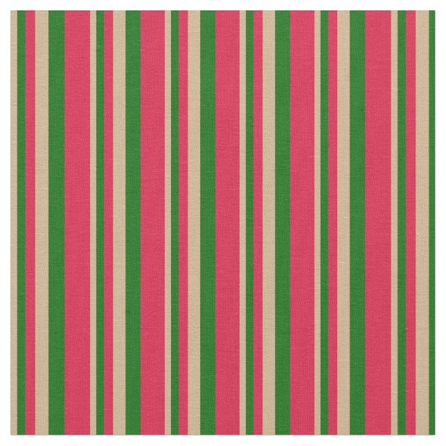 Tan, Dark Green & Crimson Coloured Lined Pattern Fabric (Close Up)