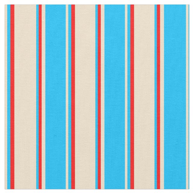 Tan, Deep Sky Blue, and Red Coloured Stripes Fabric (Close Up)