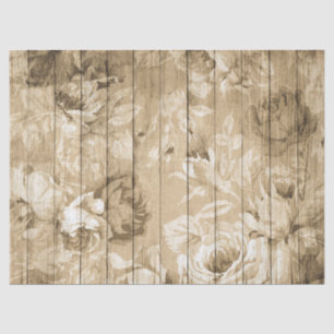Tan Distressed Rustic Roses on Wood Decoupage Tissue Paper
