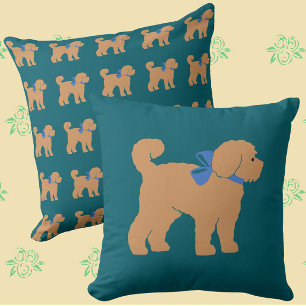 Tan Doodle Dog Dark Blue Green Pillow