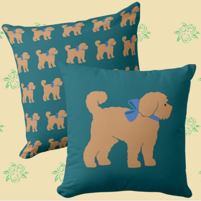Tan Doodle Dog Dark Blue Green Pillow (Cute tan puppy!)