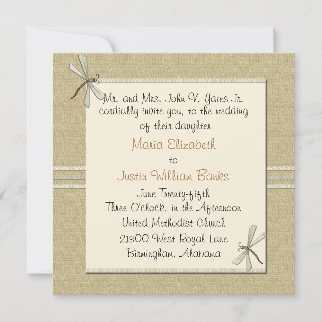 Tan Dragonfly Square Wedding Invitation (Front)