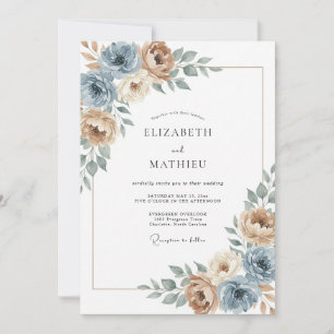 Tan Dusty Blue Bohemian Wedding Invitation