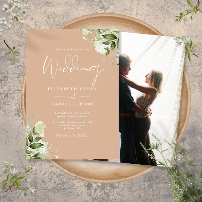 Tan Elegant Greenery Floral Photo Wedding  Invitation (Tan Elegant Greenery Floral Photo Wedding Invitation)