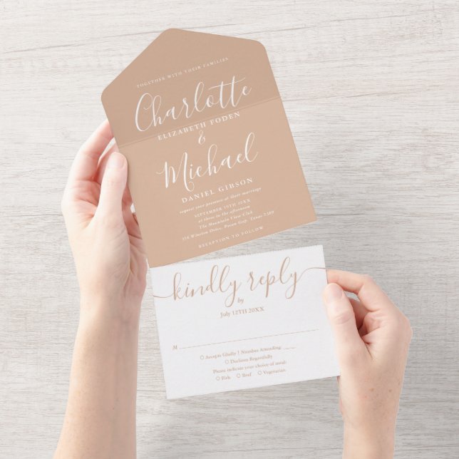 Tan Elegant Modern Script Minimalist Wedding All In One Invitation (Tearaway)