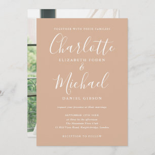 Tan Elegant Signature Script Photo Wedding Invitation