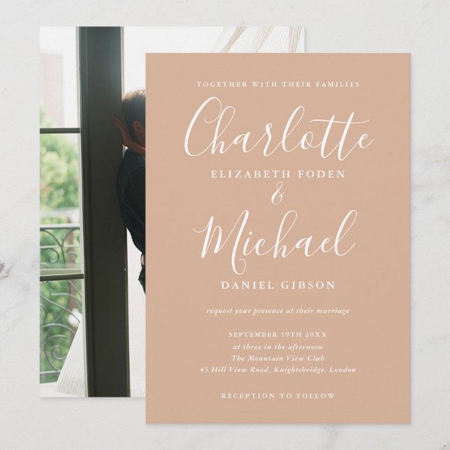 Tan Elegant Signature Script Photo Wedding Invitation (Front/Back)