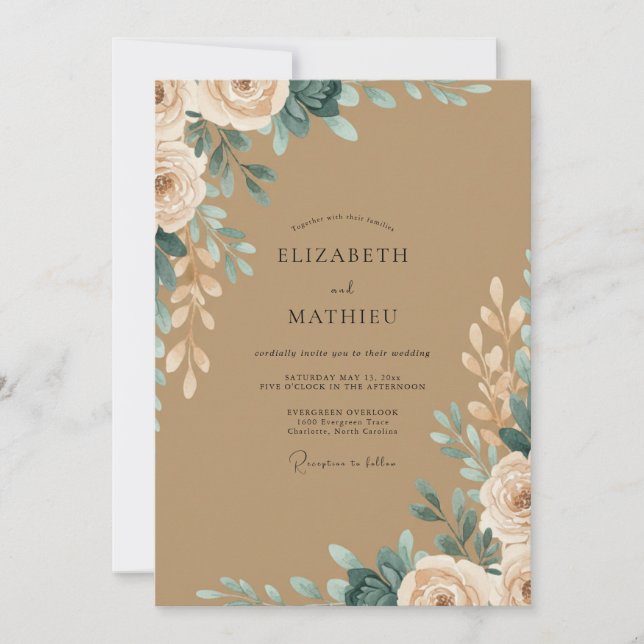 Tan Eucalyptus Peony Wedding Invitation (Front)