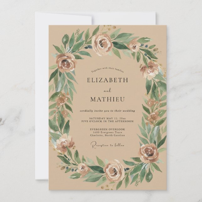 Tan Eucalyptus Wreath Wedding Invitation (Front)