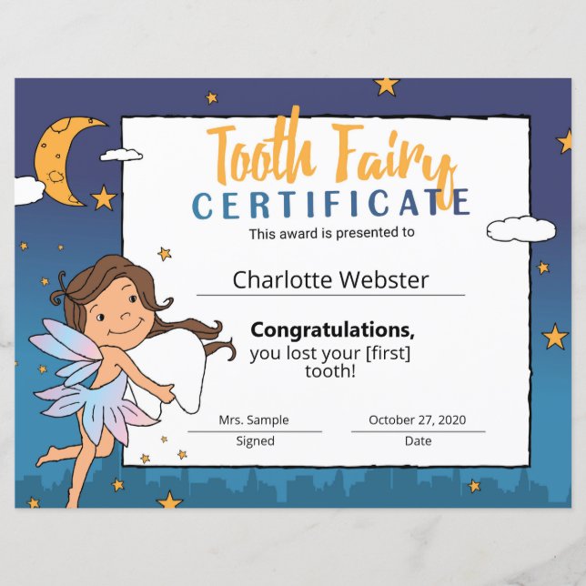 Tan Fairy Clip Art First Lost Tooth Certificate (Front)